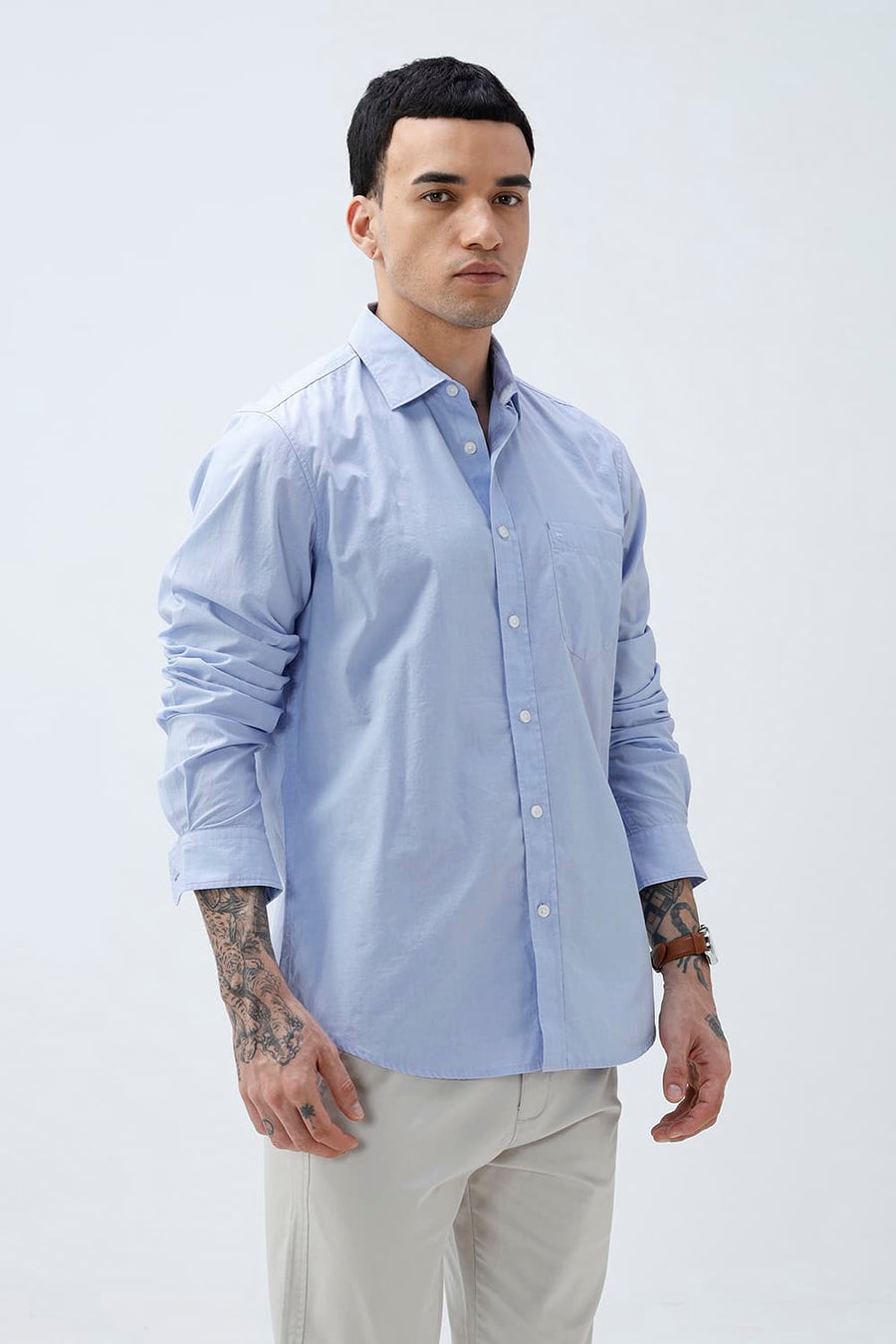 BASICS SLIM FIT HEATHER BLUE COTTON FIL-A-FIL SHIRT