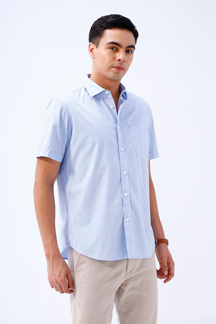 BASICS SLIM FIT HEATHER BLUE COTTON FIL-A-FIL HALFSLEEVES SHIRT