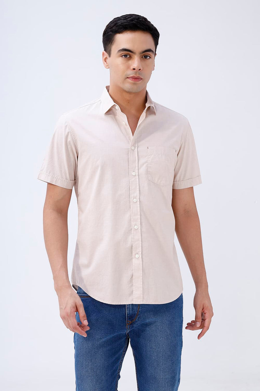 BASICS SLIM FIT SANDSHELL COTTON FIL-A-FIL HALFSLEEVES SHIRT