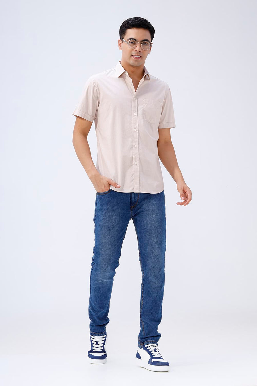 BASICS SLIM FIT SANDSHELL COTTON FIL-A-FIL HALFSLEEVES SHIRT