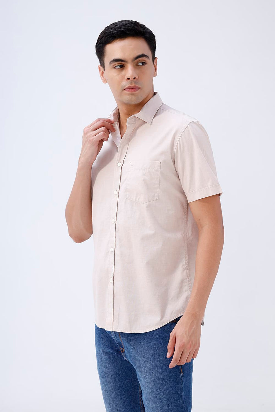 BASICS SLIM FIT SANDSHELL COTTON FIL-A-FIL HALFSLEEVES SHIRT