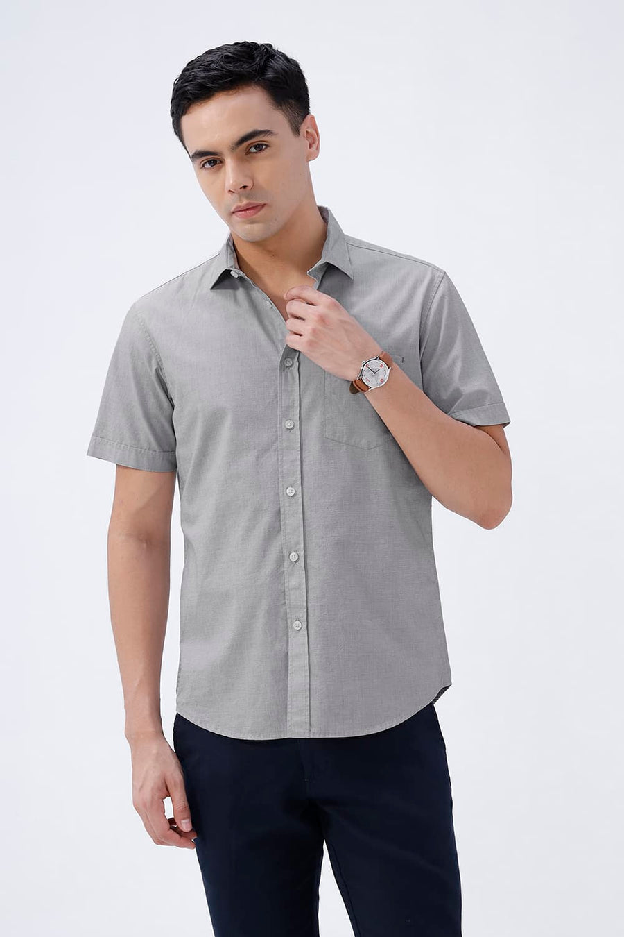 BASICS SLIM FIT ASH GREY COTTON FIL-A-FIL HALFSLEEVES SHIRT