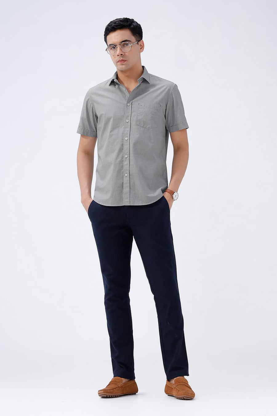 BASICS SLIM FIT ASH GREY COTTON FIL-A-FIL HALFSLEEVES SHIRT