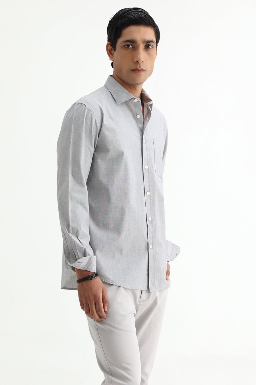 BASICS SLIM FIT ASH GREY COTTON FIL-A-FIL SHIRT