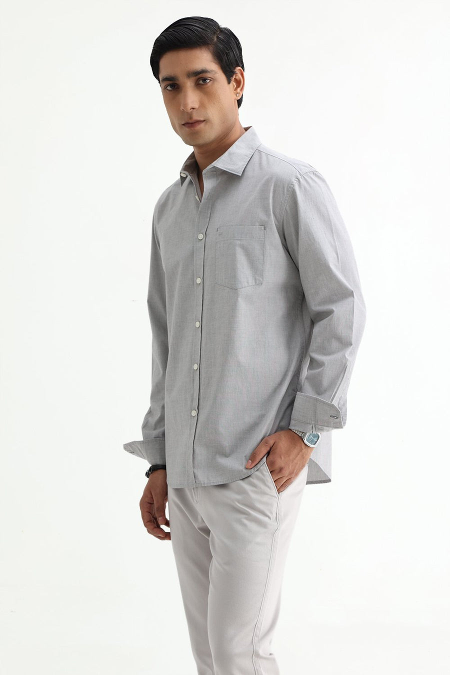 BASICS SLIM FIT ASH GREY COTTON FIL-A-FIL SHIRT