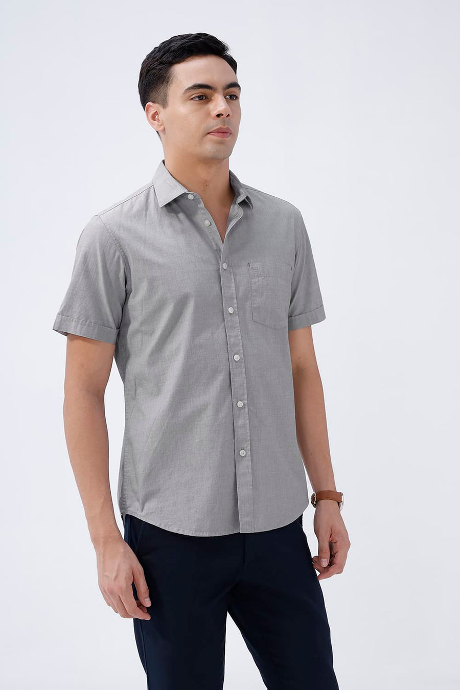 BASICS SLIM FIT ASH GREY COTTON FIL-A-FIL HALFSLEEVES SHIRT
