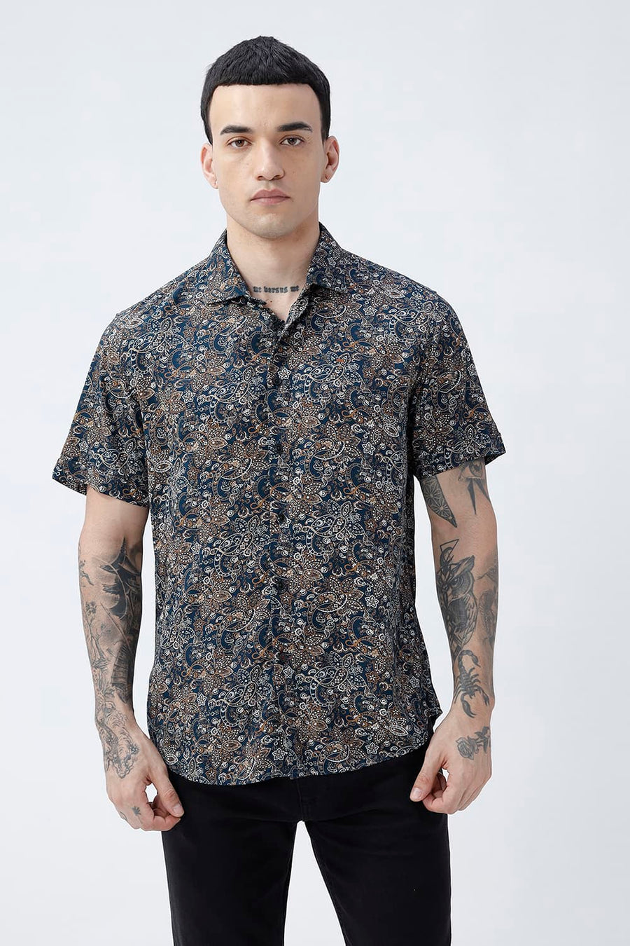 BASICS SLIM FIT  COTTON VISCOSE PRINTED HALFSLEEVES SHIRT