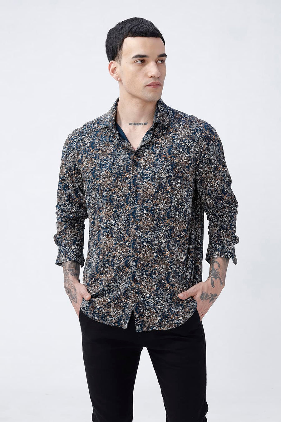 BASICS SLIM FIT  COTTON VISCOSE PRINTED SHIRT