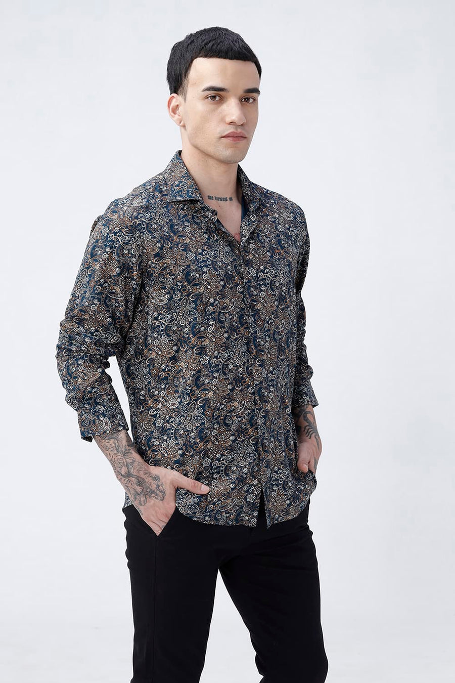 BASICS SLIM FIT  COTTON VISCOSE PRINTED SHIRT
