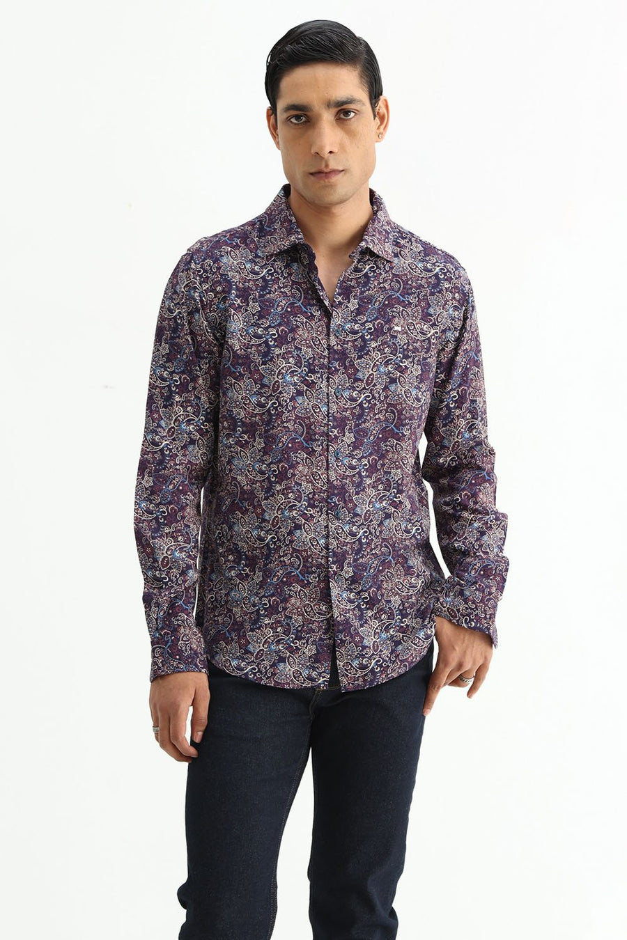 BASICS SLIM FIT  COTTON VISCOSE PRINTED SHIRT