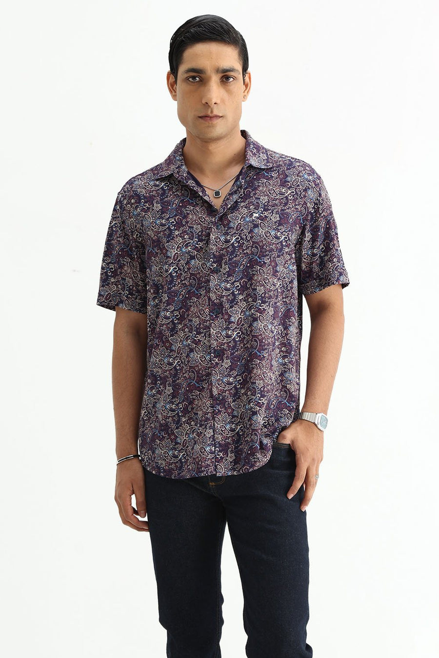 BASICS SLIM FIT  COTTON VISCOSE PRINTED HALFSLEEVES SHIRT