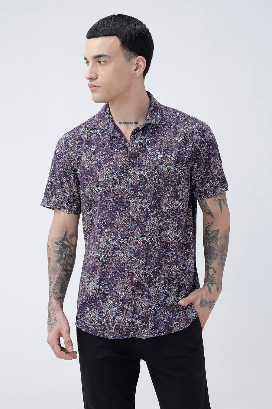 BASICS SLIM FIT  COTTON VISCOSE PRINTED HALFSLEEVES SHIRT