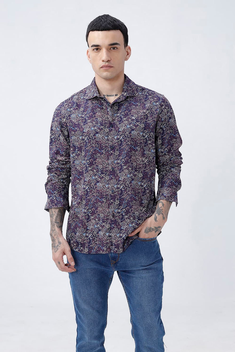 BASICS SLIM FIT  COTTON VISCOSE PRINTED SHIRT