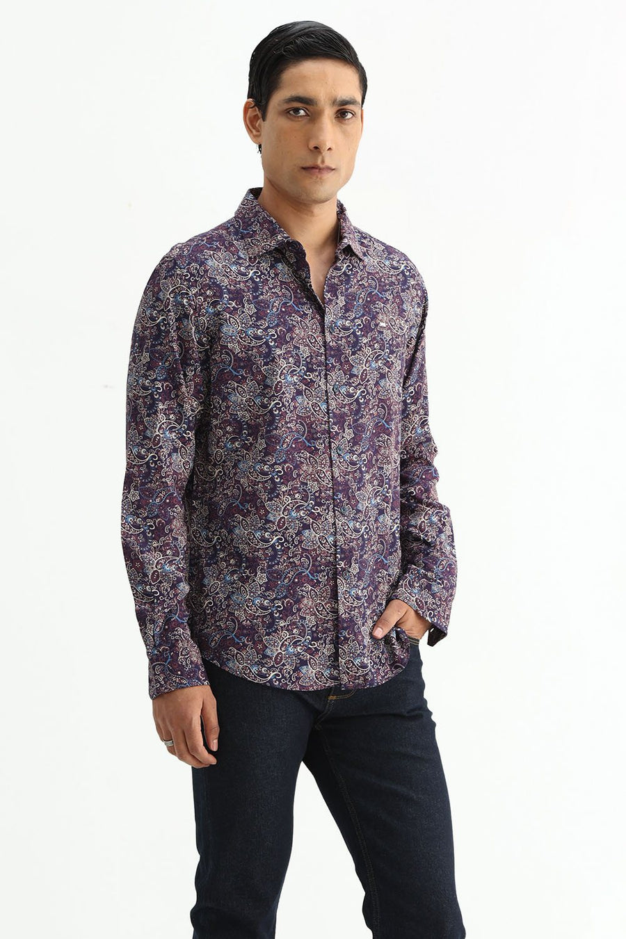BASICS SLIM FIT  COTTON VISCOSE PRINTED SHIRT