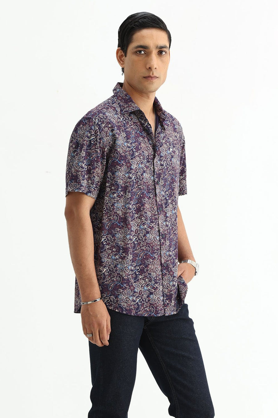 BASICS SLIM FIT  COTTON VISCOSE PRINTED HALFSLEEVES SHIRT