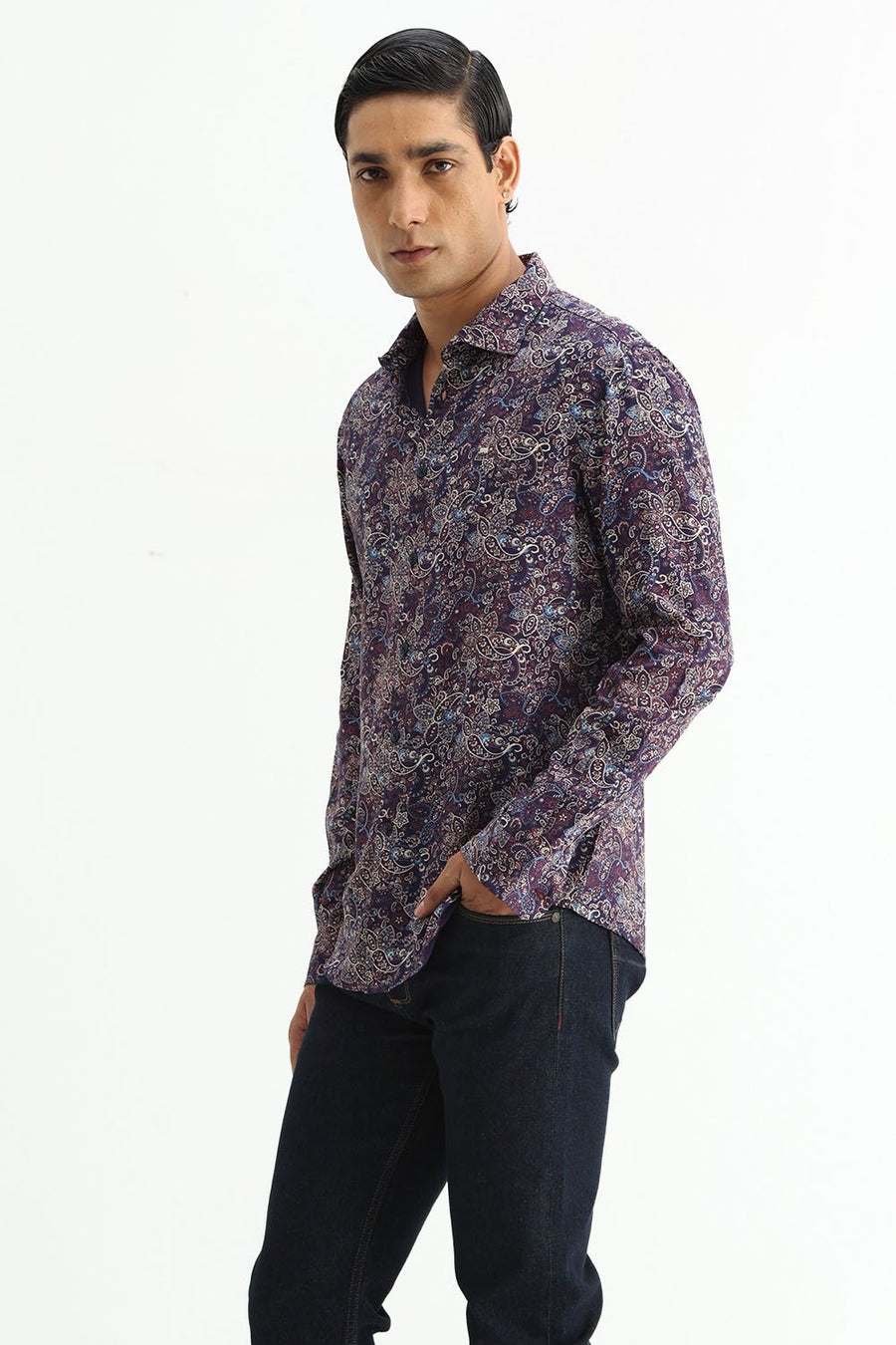 BASICS SLIM FIT  COTTON VISCOSE PRINTED SHIRT