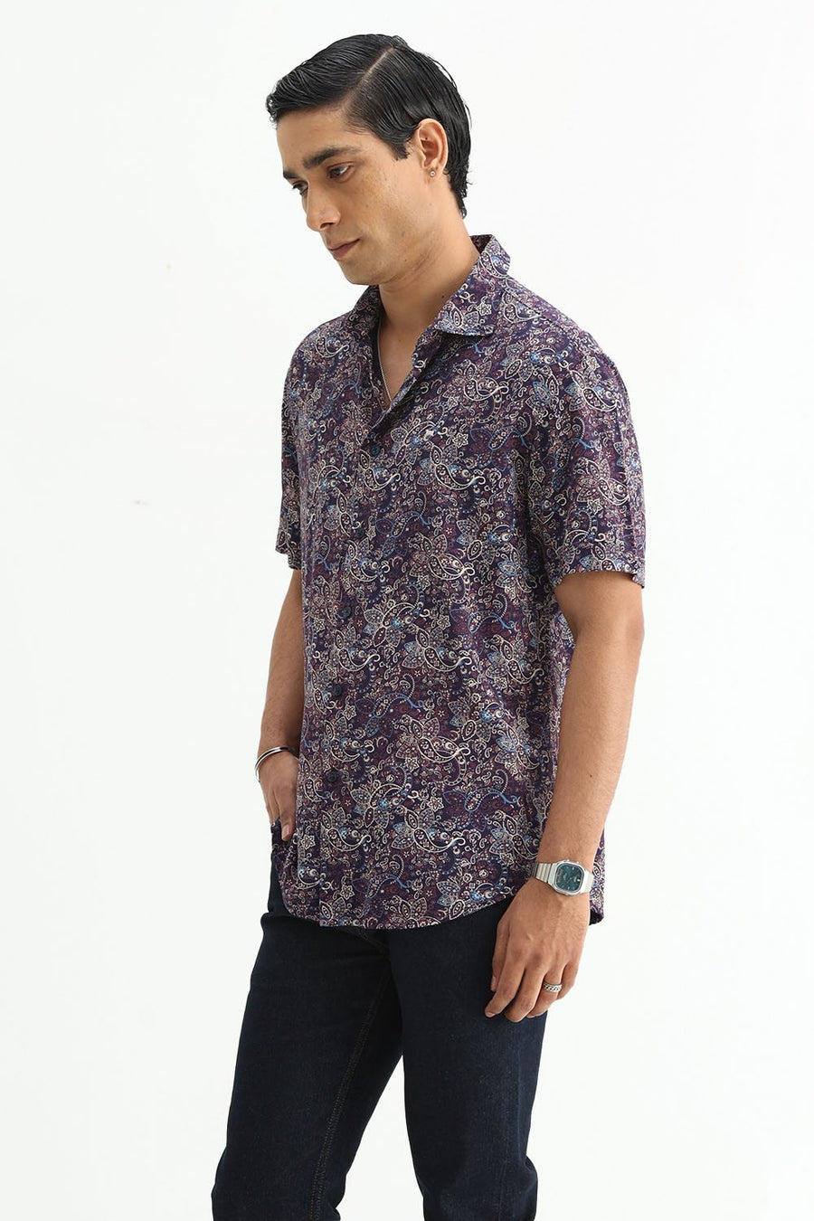 BASICS SLIM FIT  COTTON VISCOSE PRINTED HALFSLEEVES SHIRT