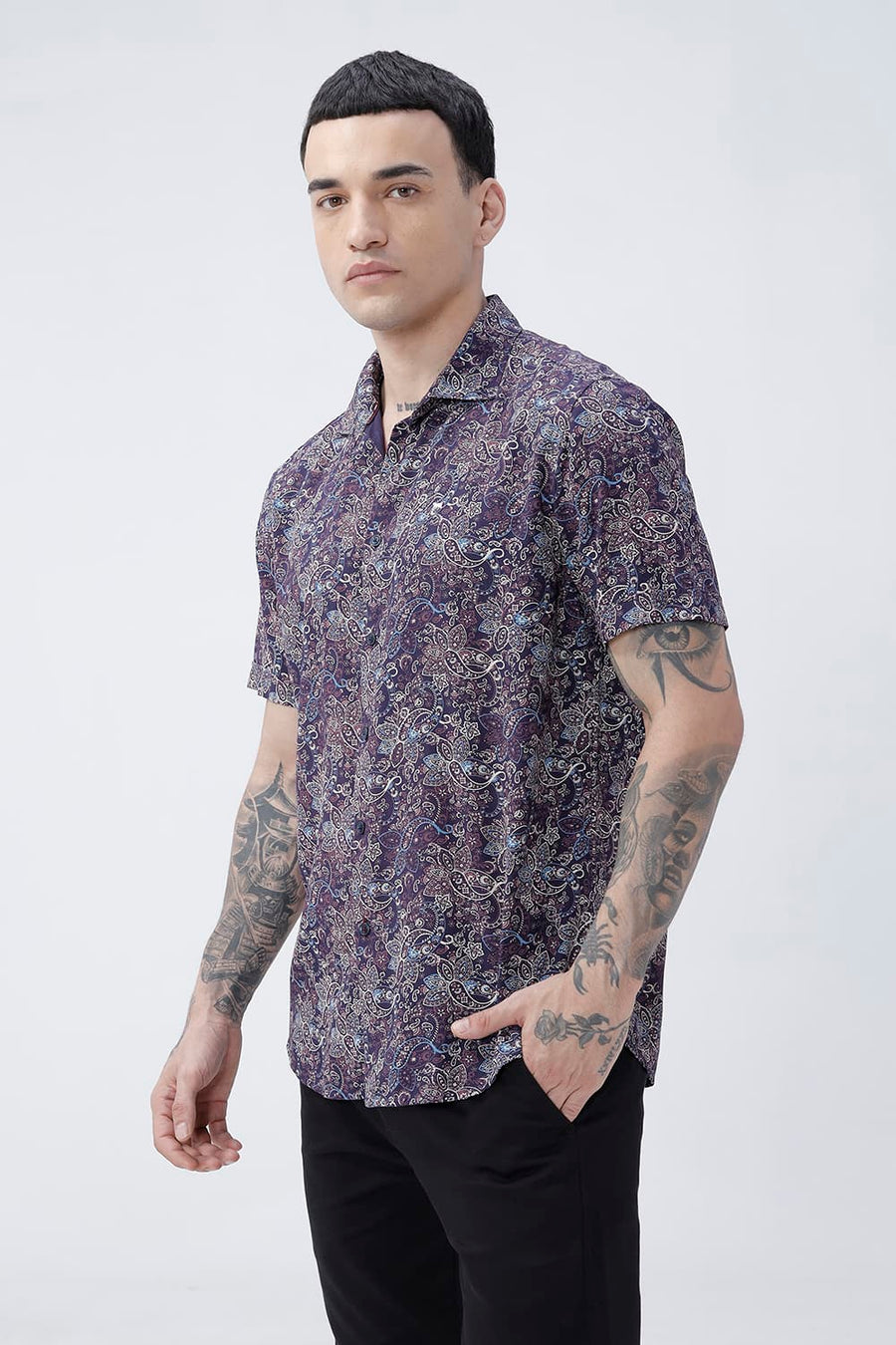 BASICS SLIM FIT  COTTON VISCOSE PRINTED HALFSLEEVES SHIRT