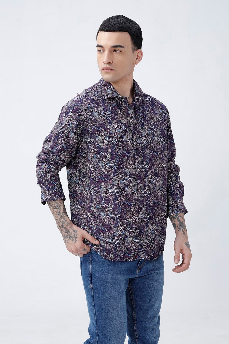 BASICS SLIM FIT  COTTON VISCOSE PRINTED SHIRT