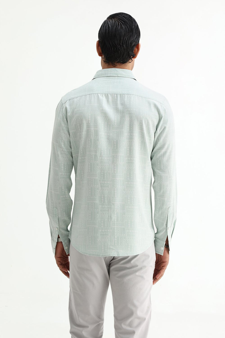 BASICS SLIM FIT FROSTY GREEN COTTON VISCOSE PRINTED SHIRT