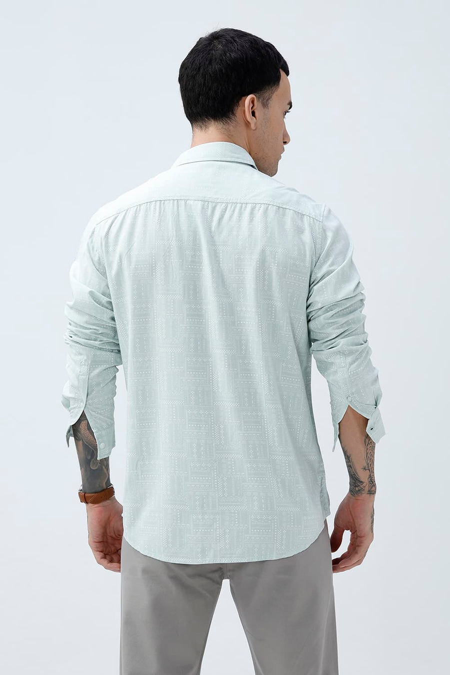 BASICS SLIM FIT FROSTY GREEN COTTON VISCOSE PRINTED SHIRT