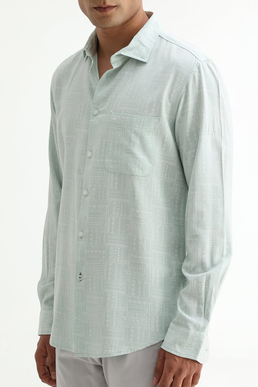 BASICS SLIM FIT FROSTY GREEN COTTON VISCOSE PRINTED SHIRT