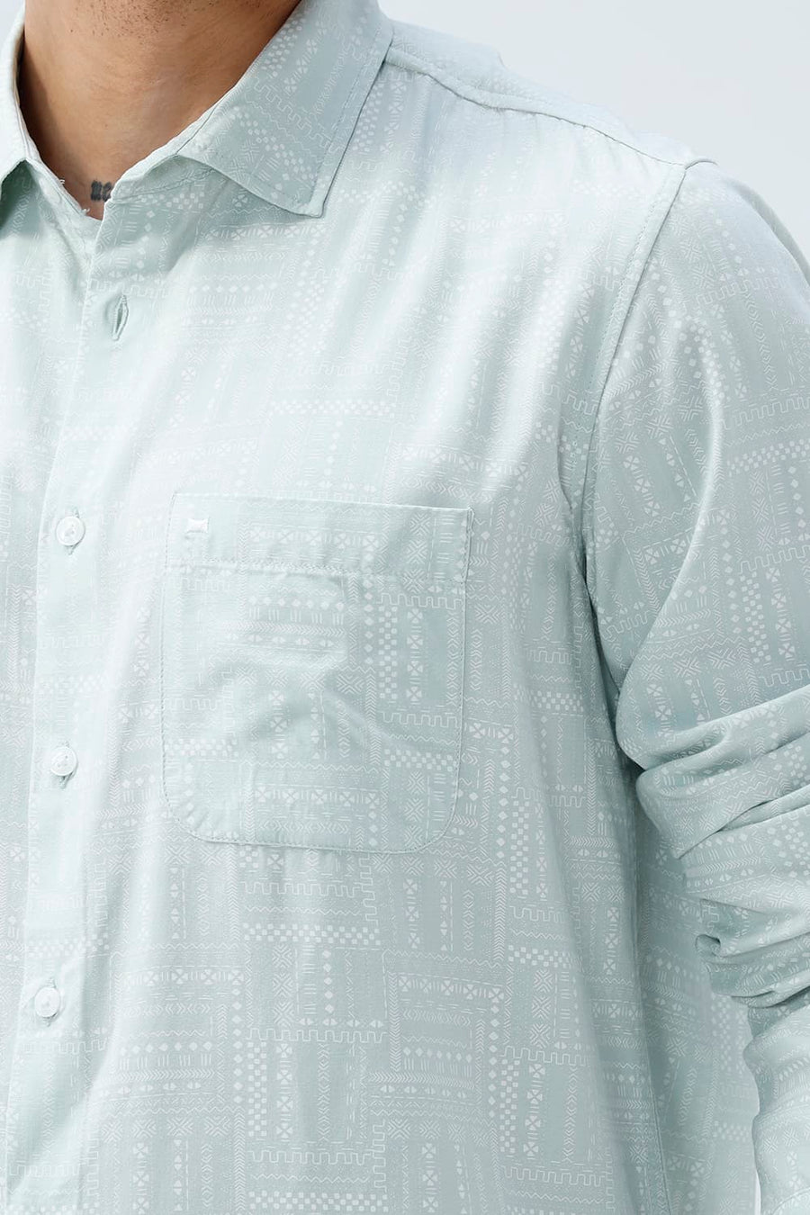 BASICS SLIM FIT FROSTY GREEN COTTON VISCOSE PRINTED SHIRT