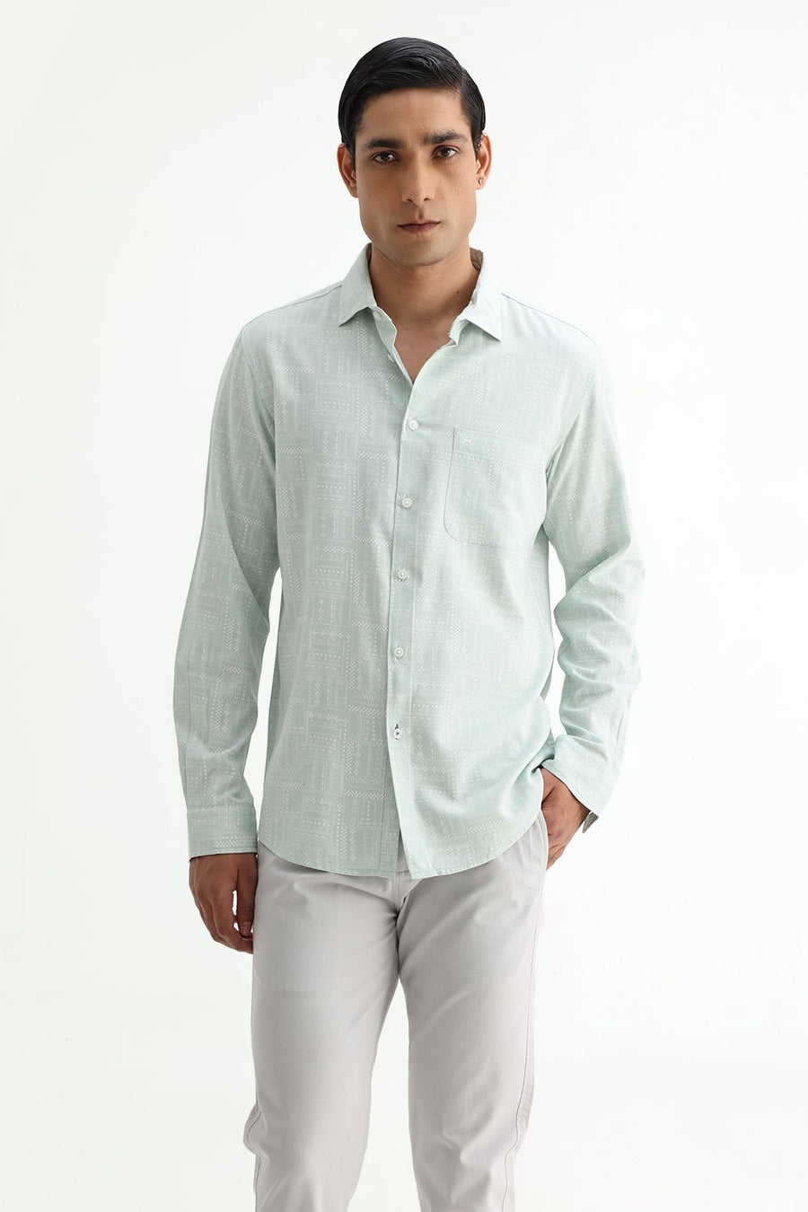 BASICS SLIM FIT FROSTY GREEN COTTON VISCOSE PRINTED SHIRT