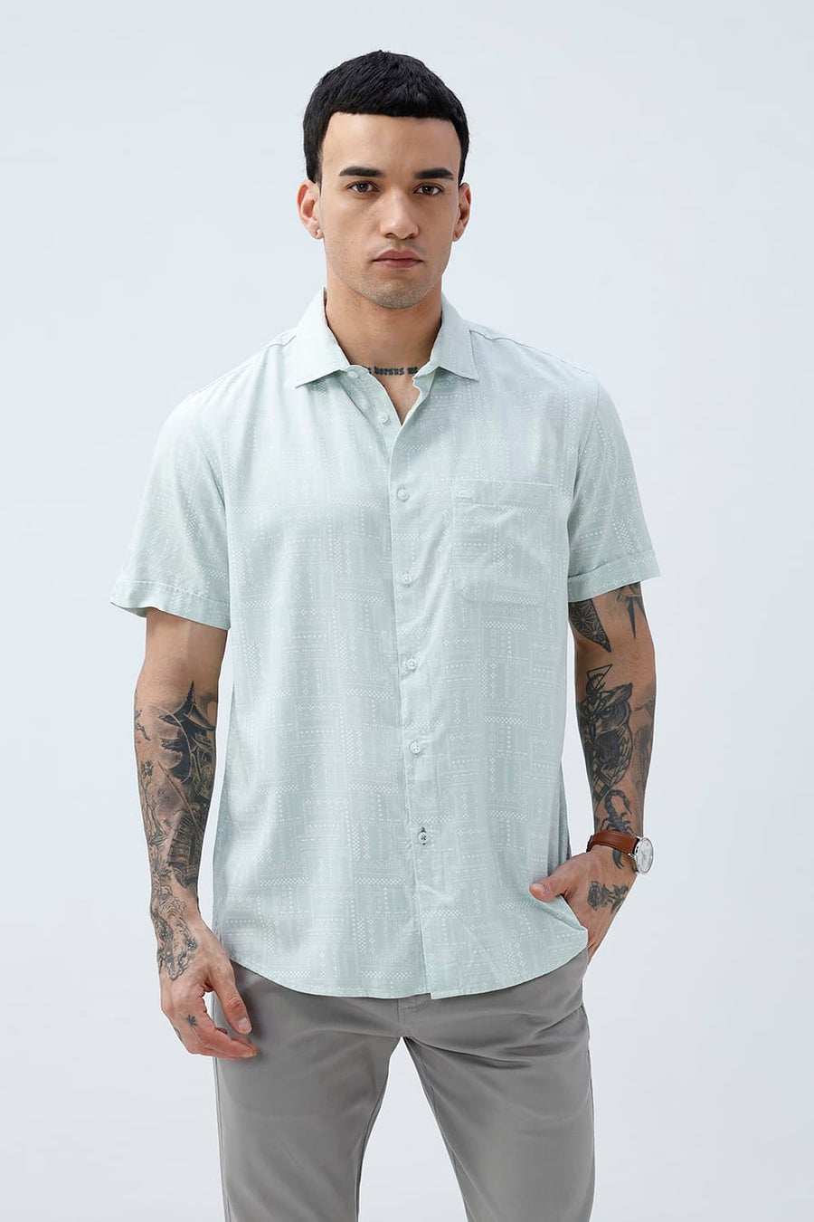 BASICS SLIM FIT FROSTY GREEN COTTON VISCOSE PRINTED HALFSLEEVES SHIRT