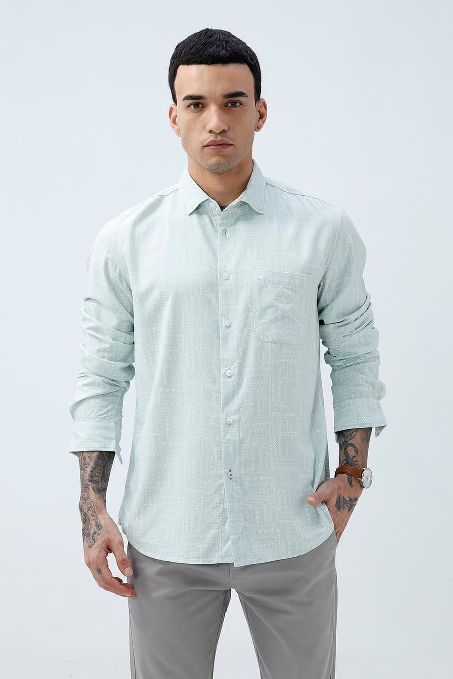 BASICS SLIM FIT FROSTY GREEN COTTON VISCOSE PRINTED SHIRT