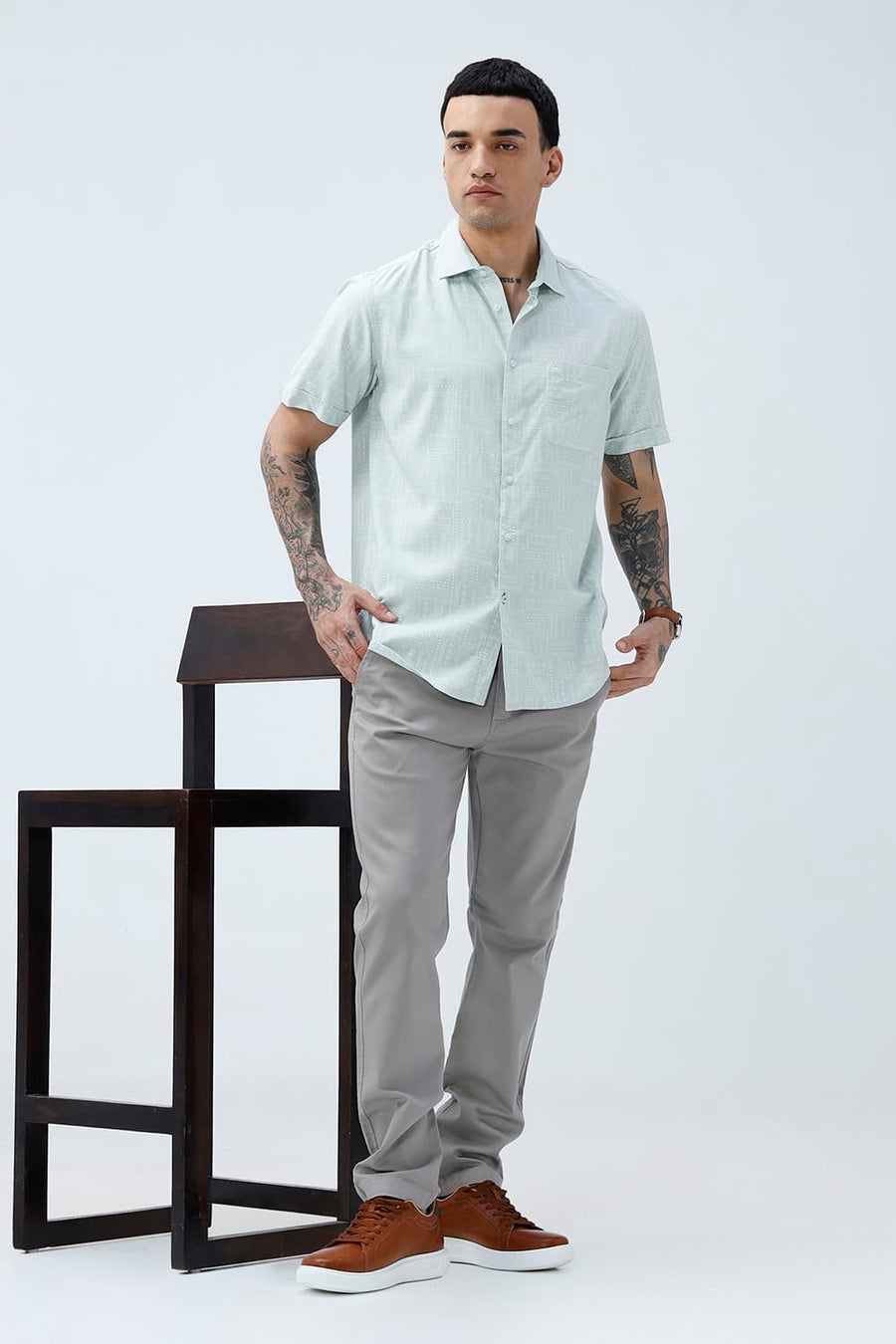 BASICS SLIM FIT FROSTY GREEN COTTON VISCOSE PRINTED HALFSLEEVES SHIRT