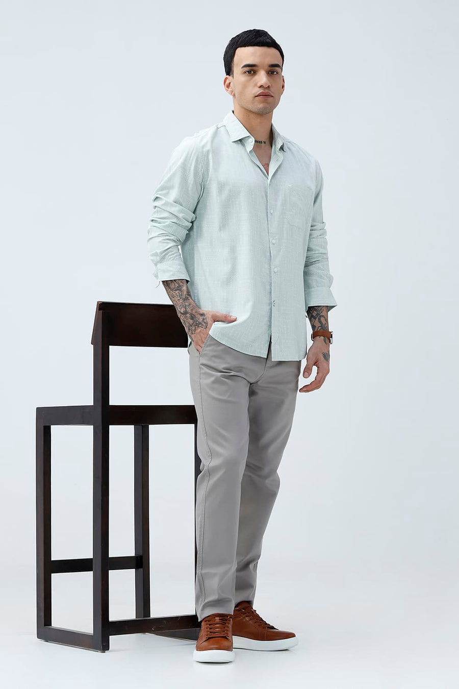 BASICS SLIM FIT FROSTY GREEN COTTON VISCOSE PRINTED SHIRT