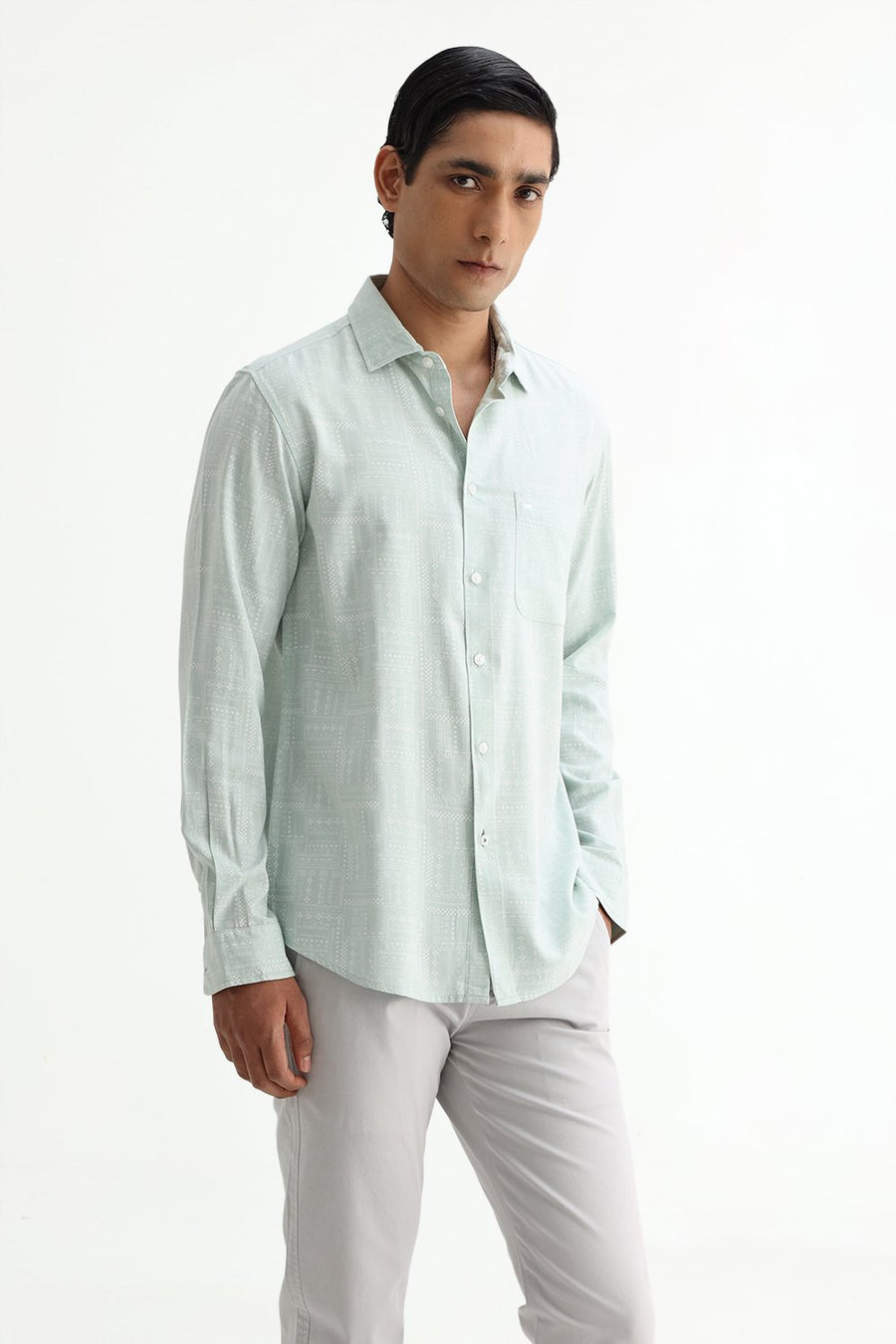 BASICS SLIM FIT FROSTY GREEN COTTON VISCOSE PRINTED SHIRT