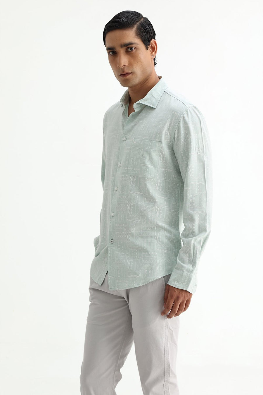 BASICS SLIM FIT FROSTY GREEN COTTON VISCOSE PRINTED SHIRT