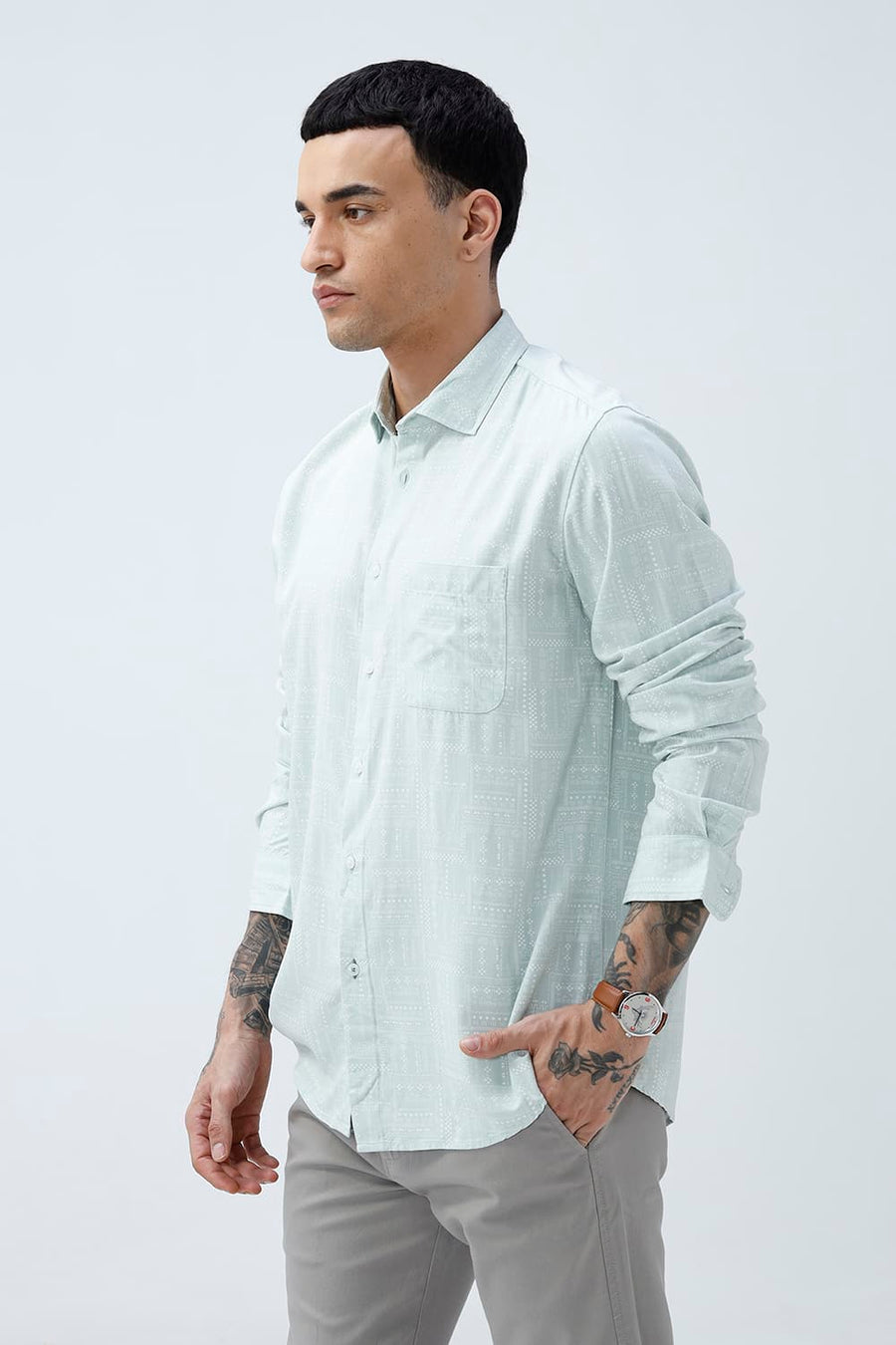 BASICS SLIM FIT FROSTY GREEN COTTON VISCOSE PRINTED SHIRT