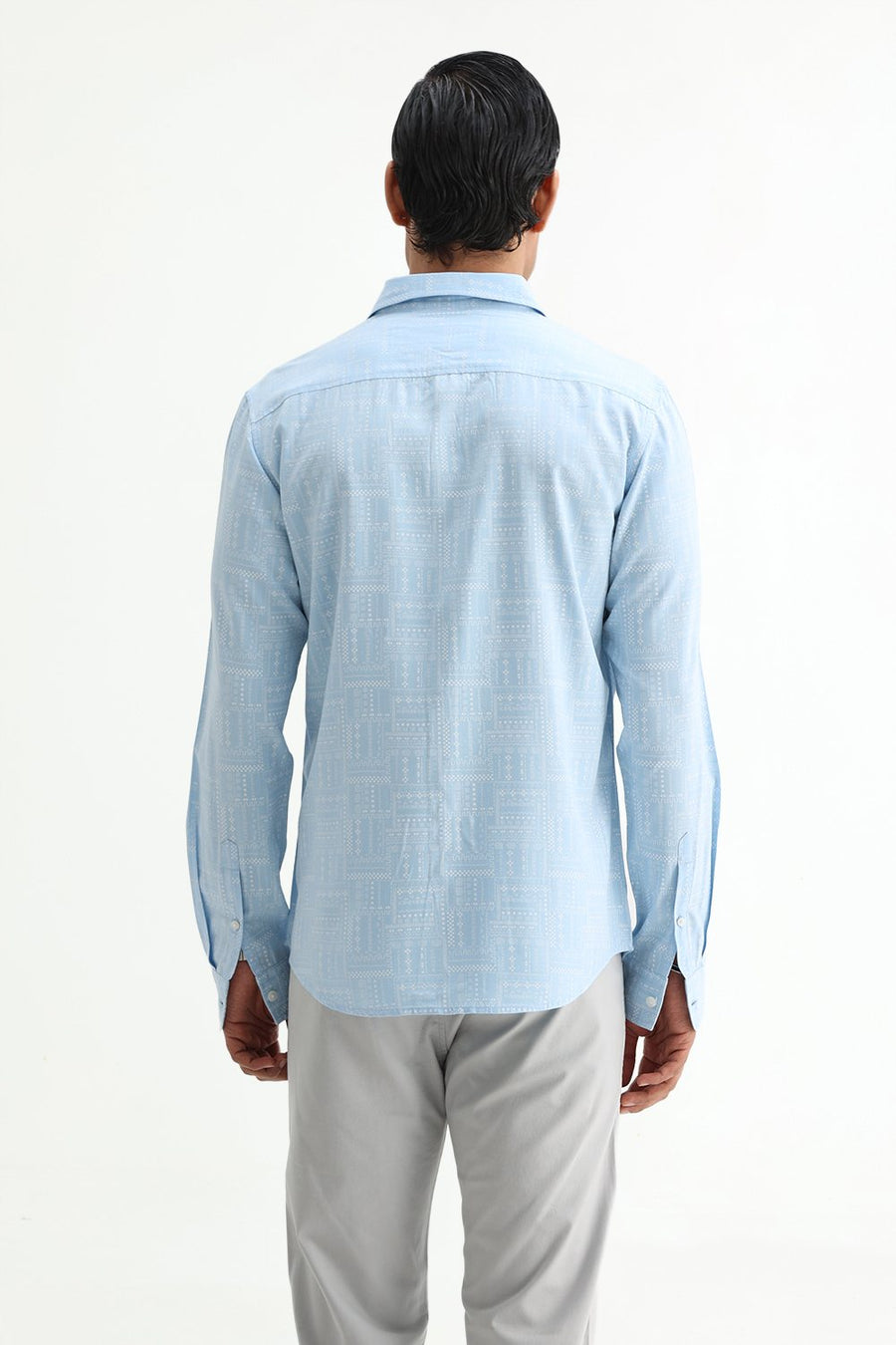 BASICS SLIM FIT SUMMER BLUE COTTON VISCOSE PRINTED SHIRT