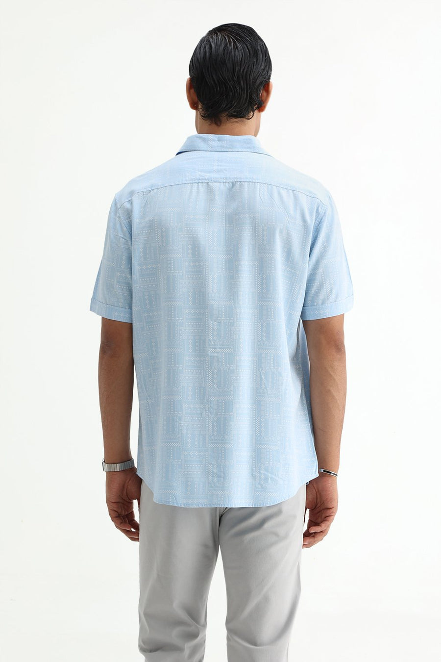 BASICS SLIM FIT SUMMER BLUE COTTON VISCOSE PRINTED HALFSLEEVES SHIRT