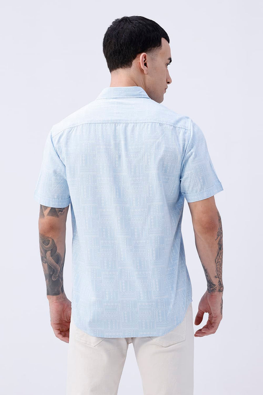 BASICS SLIM FIT SUMMER BLUE COTTON VISCOSE PRINTED HALFSLEEVES SHIRT