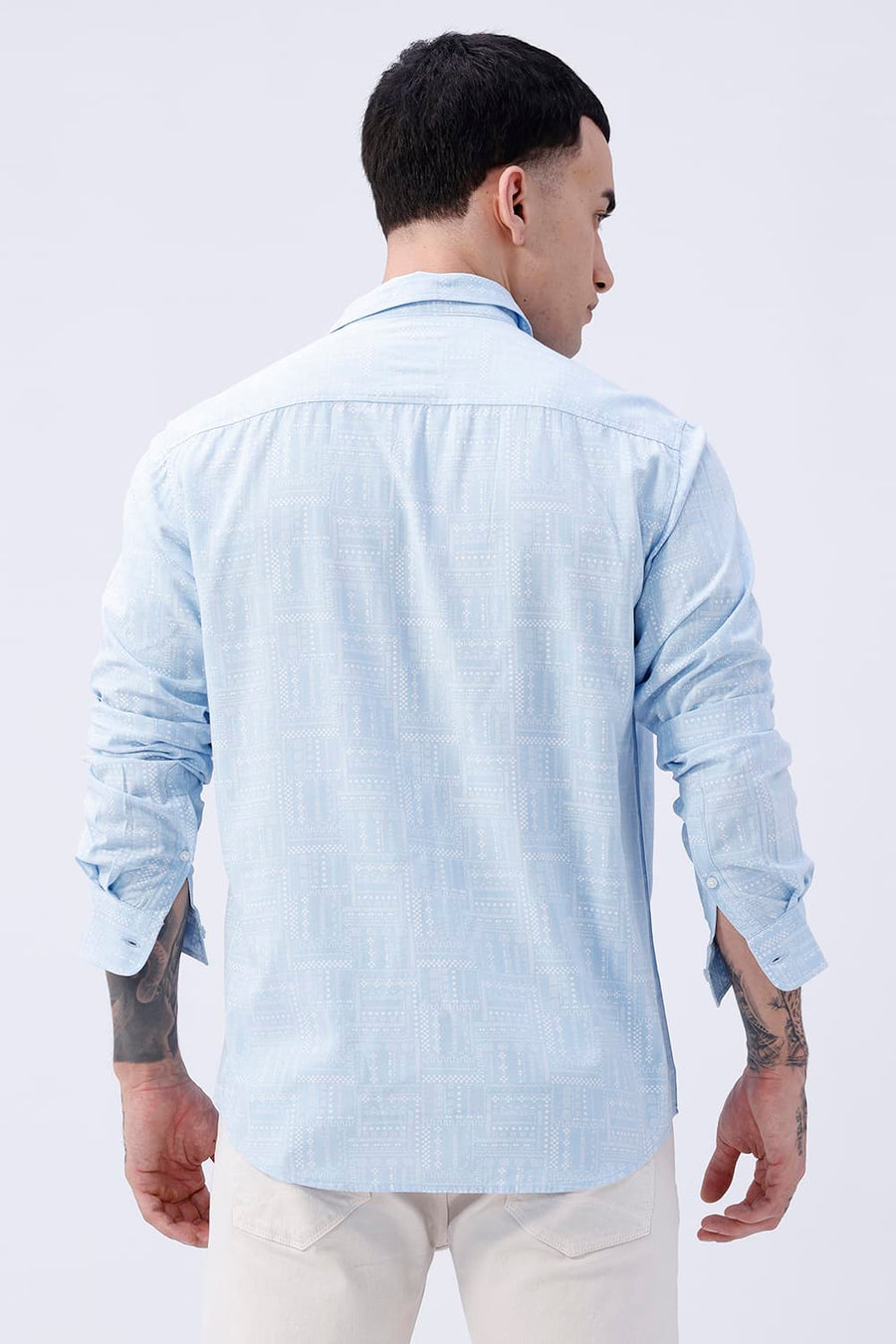 BASICS SLIM FIT SUMMER BLUE COTTON VISCOSE PRINTED SHIRT
