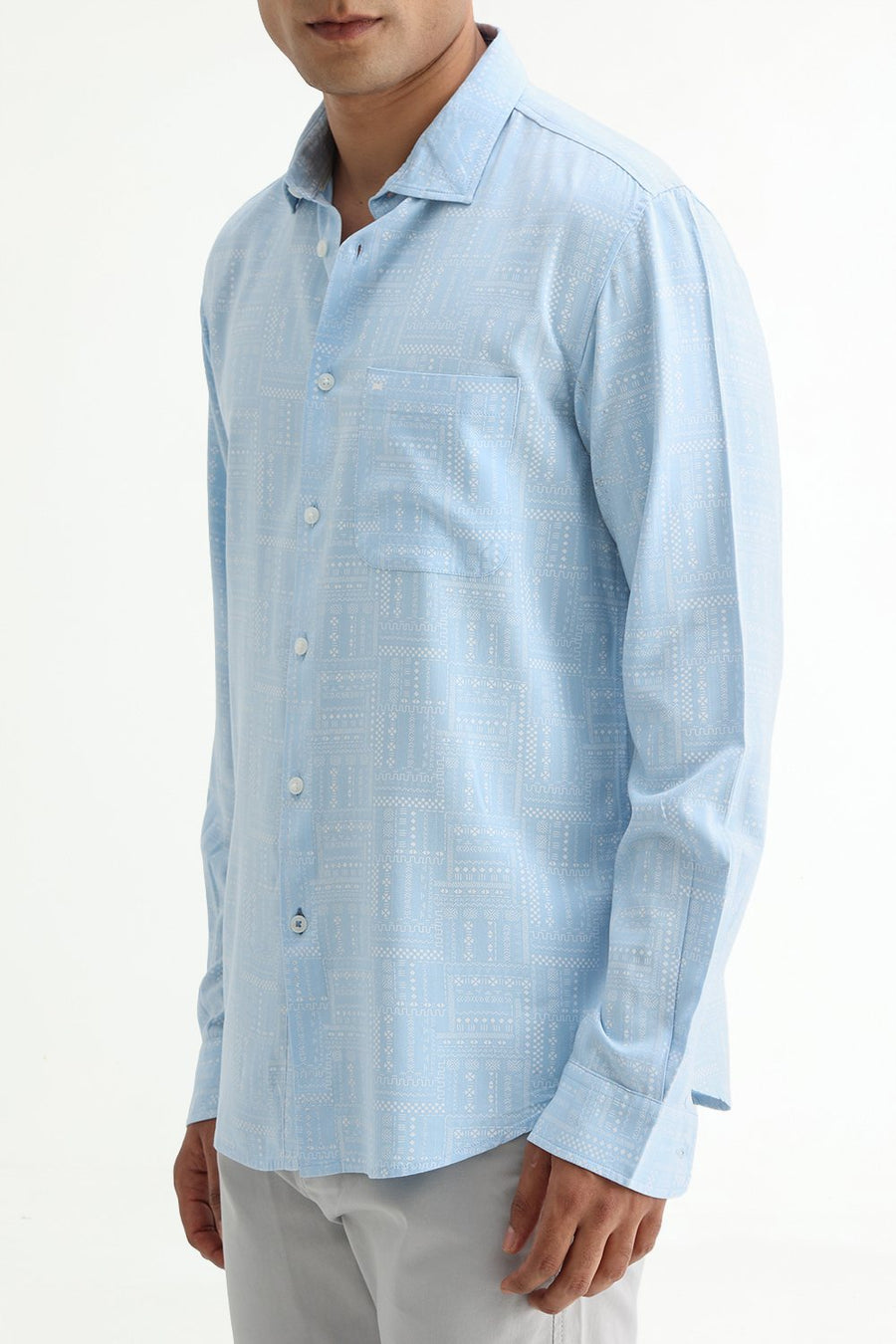 BASICS SLIM FIT SUMMER BLUE COTTON VISCOSE PRINTED SHIRT