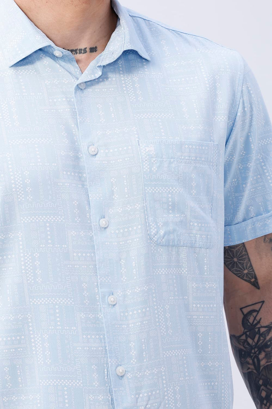 BASICS SLIM FIT SUMMER BLUE COTTON VISCOSE PRINTED HALFSLEEVES SHIRT