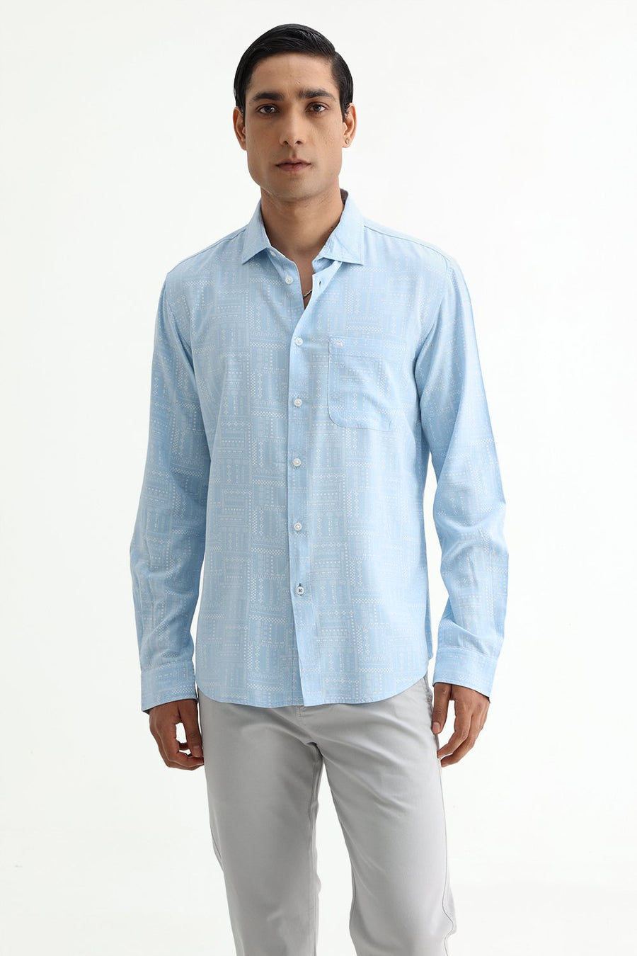 BASICS SLIM FIT SUMMER BLUE COTTON VISCOSE PRINTED SHIRT