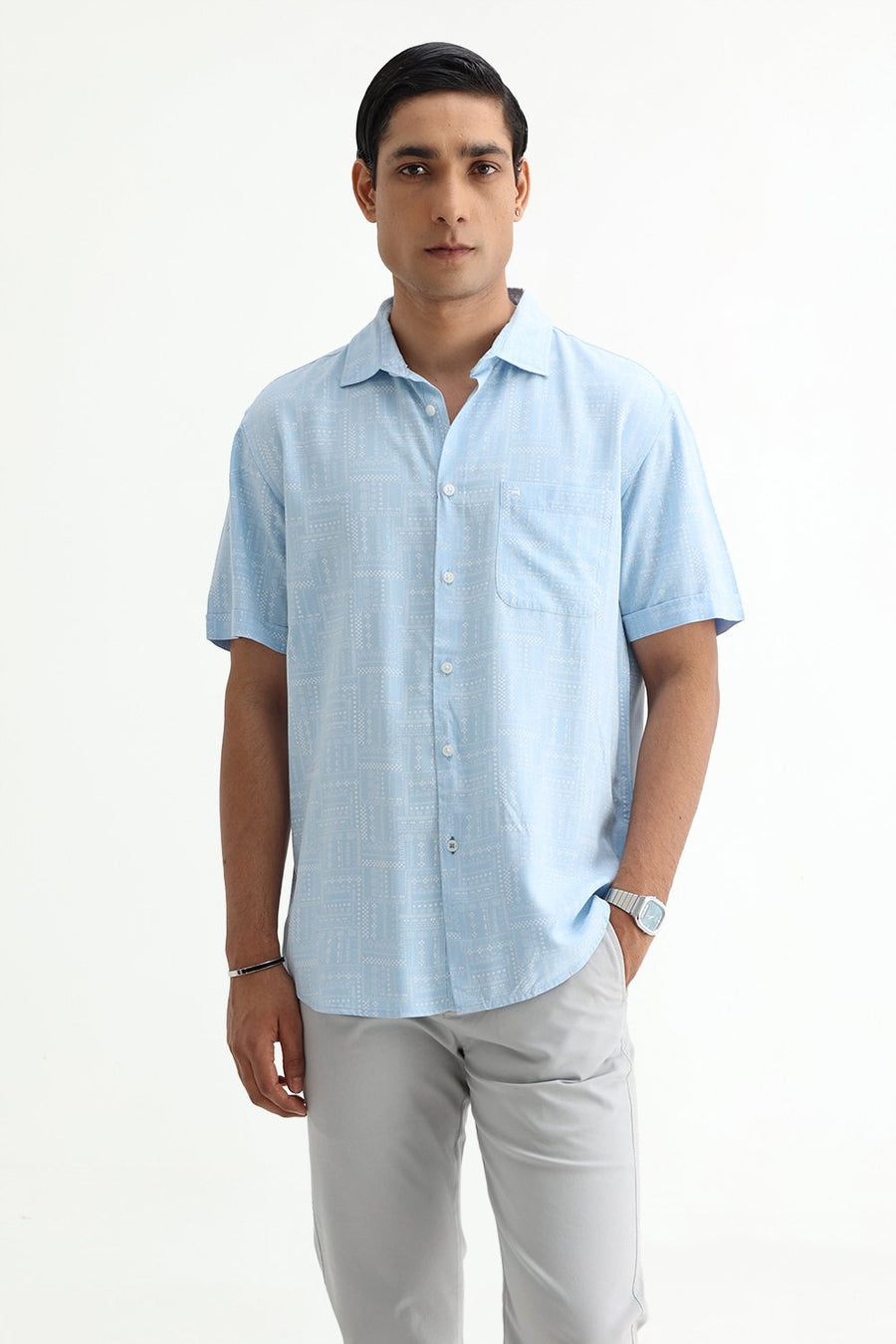 BASICS SLIM FIT SUMMER BLUE COTTON VISCOSE PRINTED HALFSLEEVES SHIRT