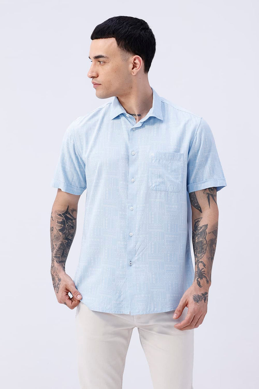 BASICS SLIM FIT SUMMER BLUE COTTON VISCOSE PRINTED HALFSLEEVES SHIRT