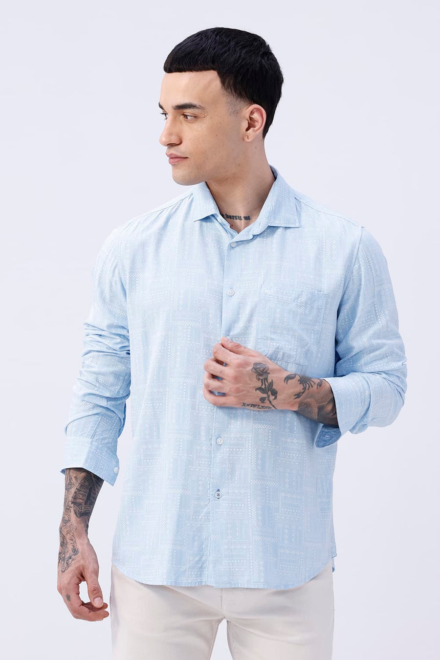 BASICS SLIM FIT SUMMER BLUE COTTON VISCOSE PRINTED SHIRT
