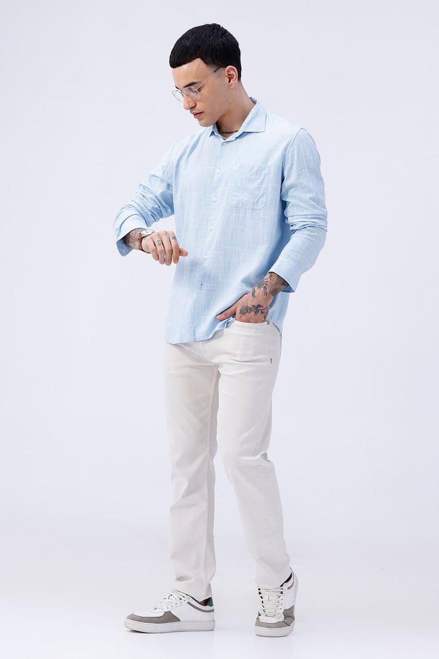 BASICS SLIM FIT SUMMER BLUE COTTON VISCOSE PRINTED SHIRT