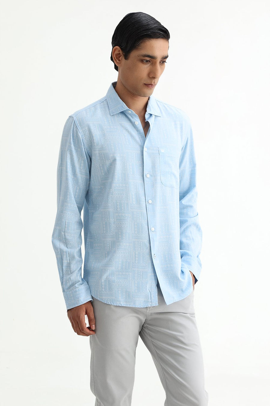 BASICS SLIM FIT SUMMER BLUE COTTON VISCOSE PRINTED SHIRT