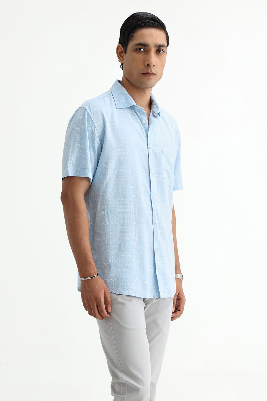 BASICS SLIM FIT SUMMER BLUE COTTON VISCOSE PRINTED HALFSLEEVES SHIRT