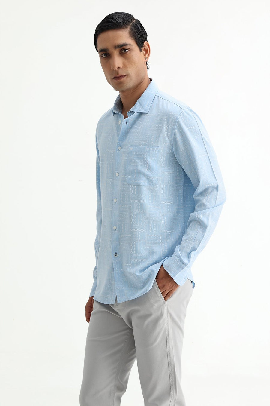BASICS SLIM FIT SUMMER BLUE COTTON VISCOSE PRINTED SHIRT