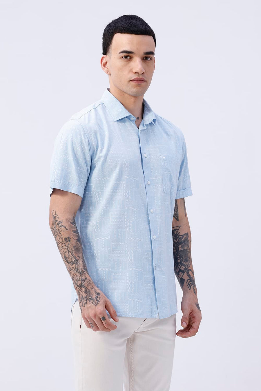BASICS SLIM FIT SUMMER BLUE COTTON VISCOSE PRINTED HALFSLEEVES SHIRT